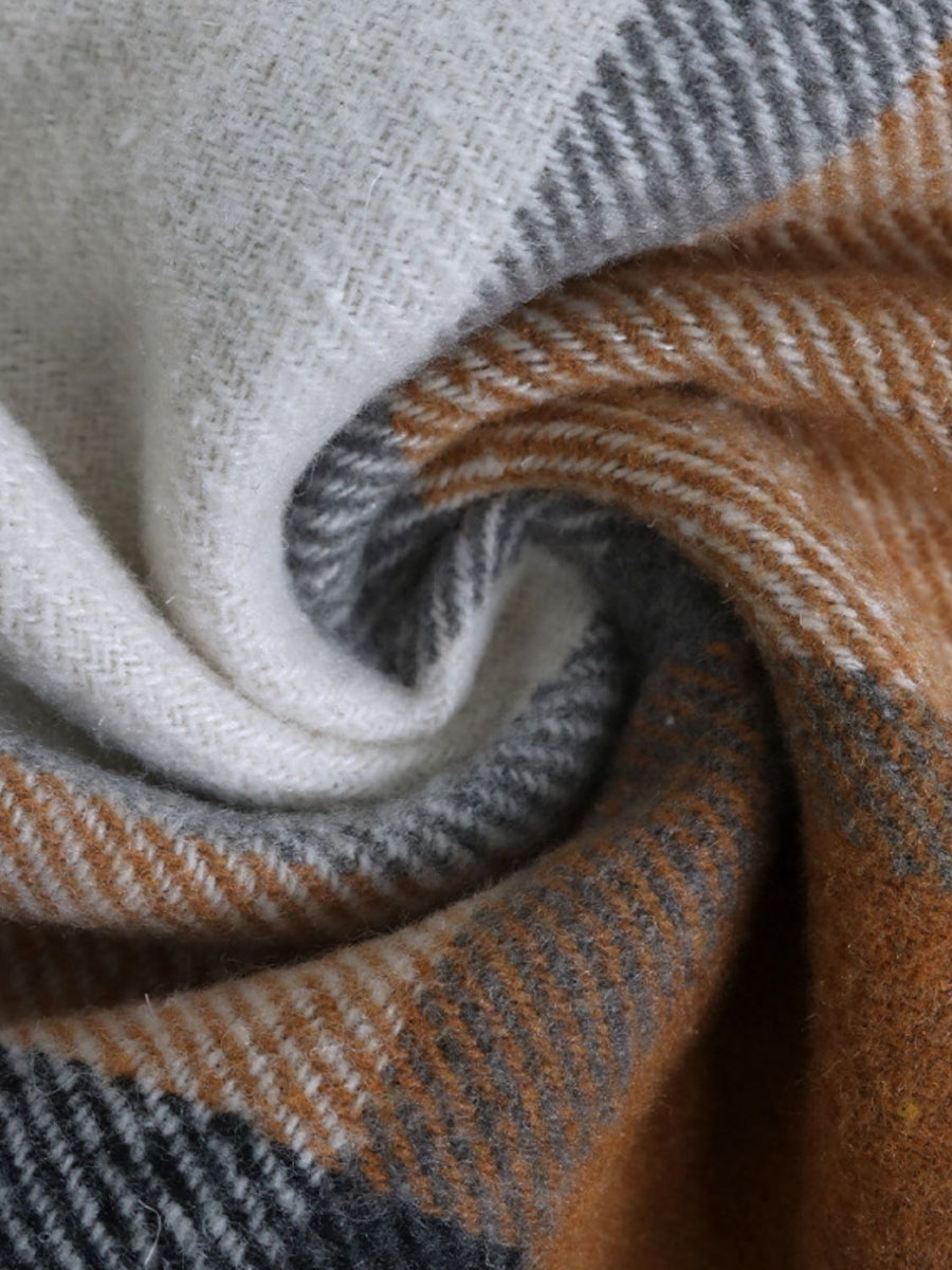 Longline Plaid Hoodie Jacket with Hood in camel