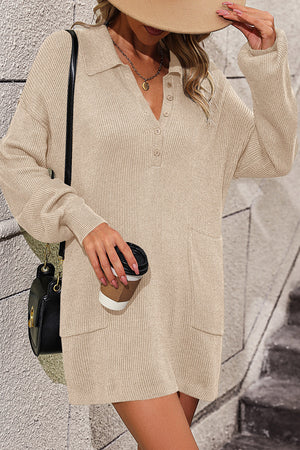 Beige ribbed knit collared v-neck sweater dress with pockets