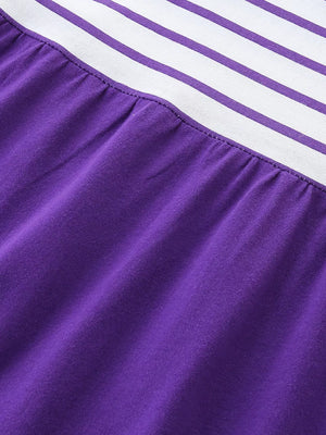 Toddler dress with purple cotton blend skirt and white striped top detail
