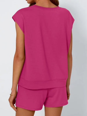 Hot pink relaxed fit drawstring short set with cap sleeve top