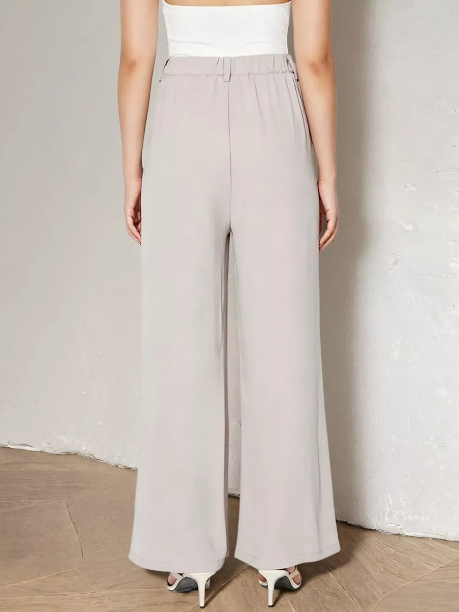 Light grey maternity wide leg pants with self-tie waist detail, shown from the back.