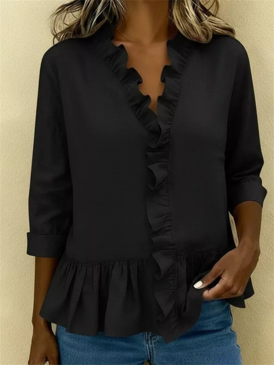 Full Size Ruffled V-neck Long Sleeve Blouse Plus in Black with ruffled