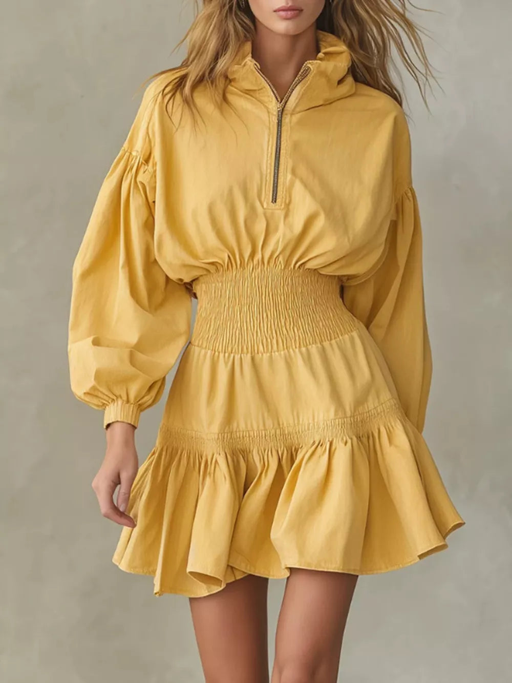 mini dress in mustard yellow featuring smocked waist and fit-and-flare fit