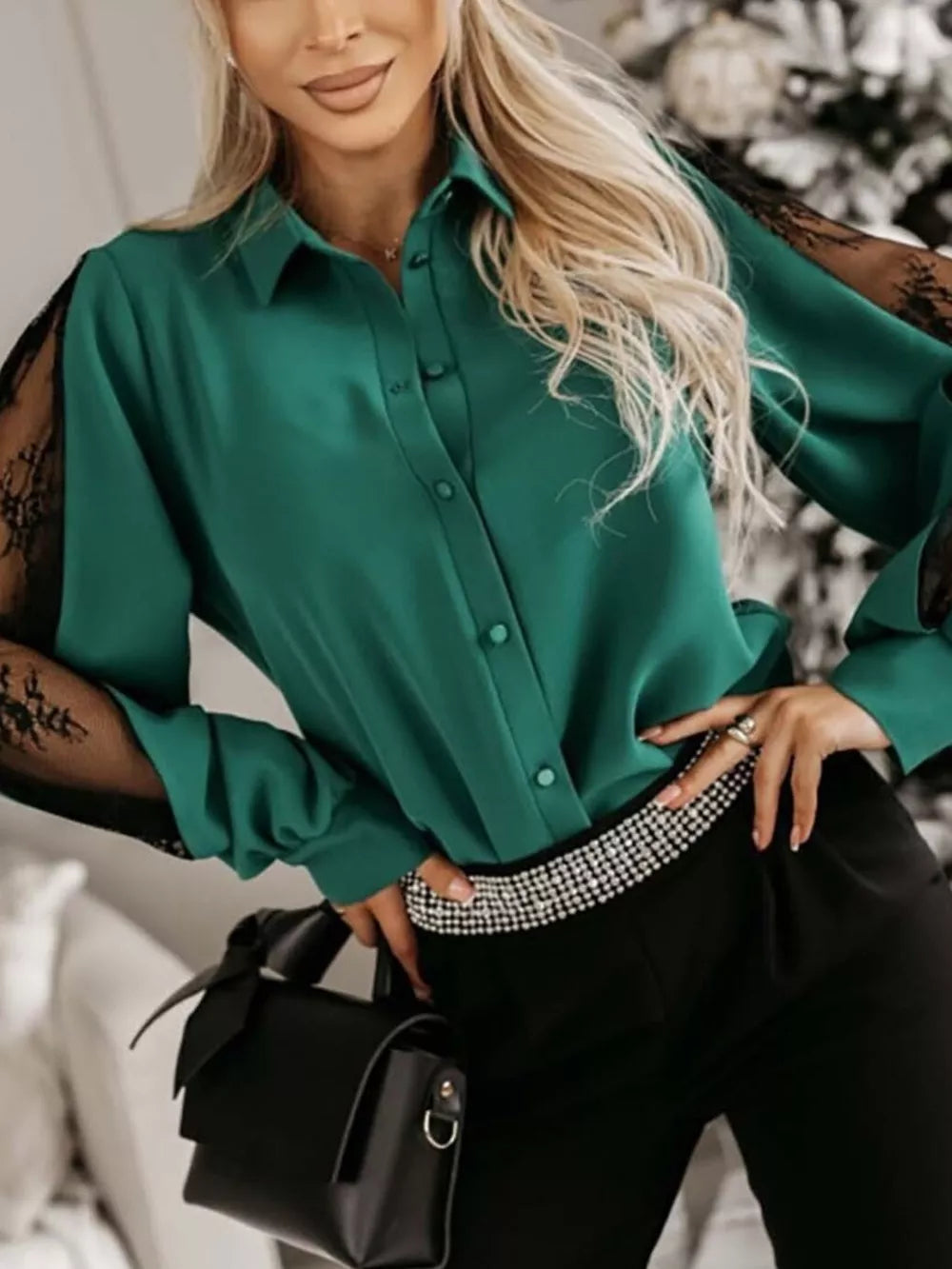 Black Lace-sleeve Button Up Shirt