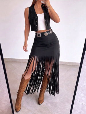 100% polyester Care instructions: Machine wash cold midi skirt in Black with fitted silhouette