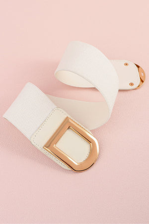 White elastic belt with double gold buckle detail
