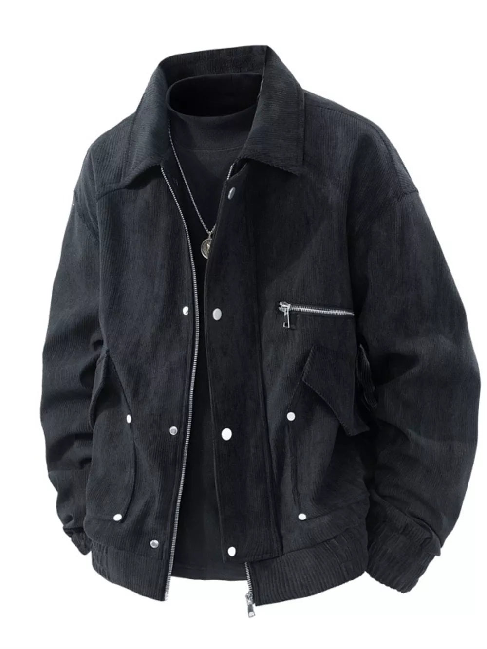 Black corduroy trucker jacket with buttoned pockets and zip detail.