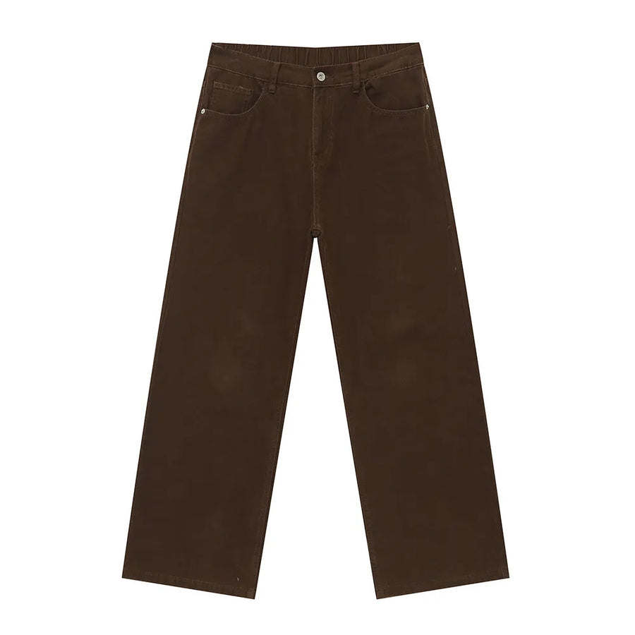 Chocolate elastic waist straight-leg denim jeans with front pockets.