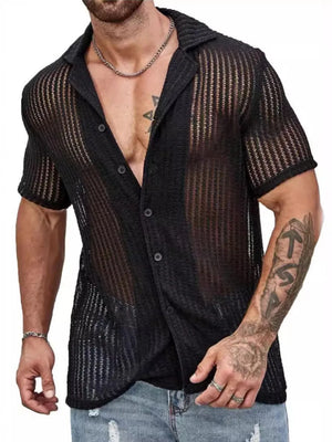 Black open-knit resort shirt with camp collar and short sleeves.