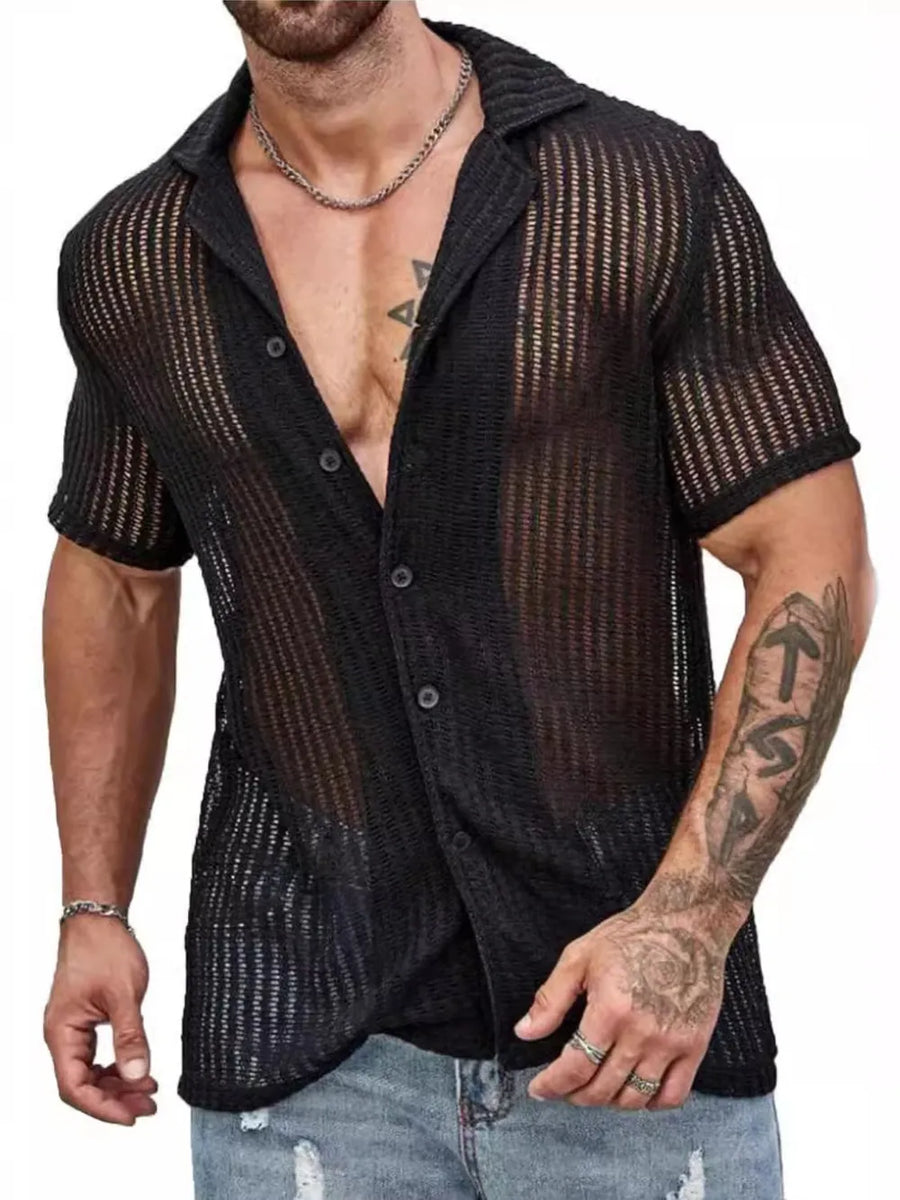 Black open-knit resort shirt with camp collar and short sleeves.