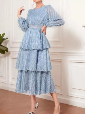 Sky blue tiered midi dress with balloon sleeves and defined waist