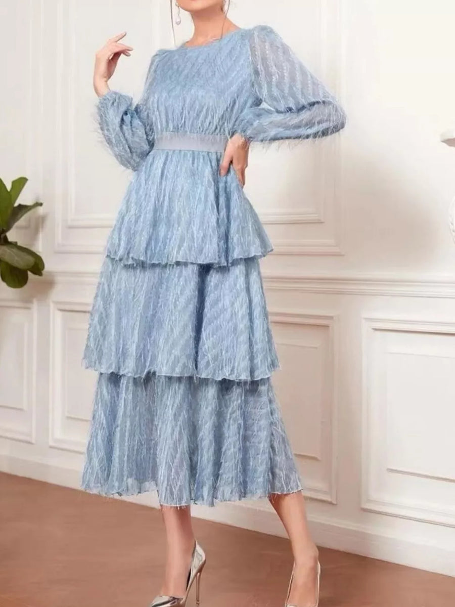 Sky blue tiered midi dress with balloon sleeves and defined waist
