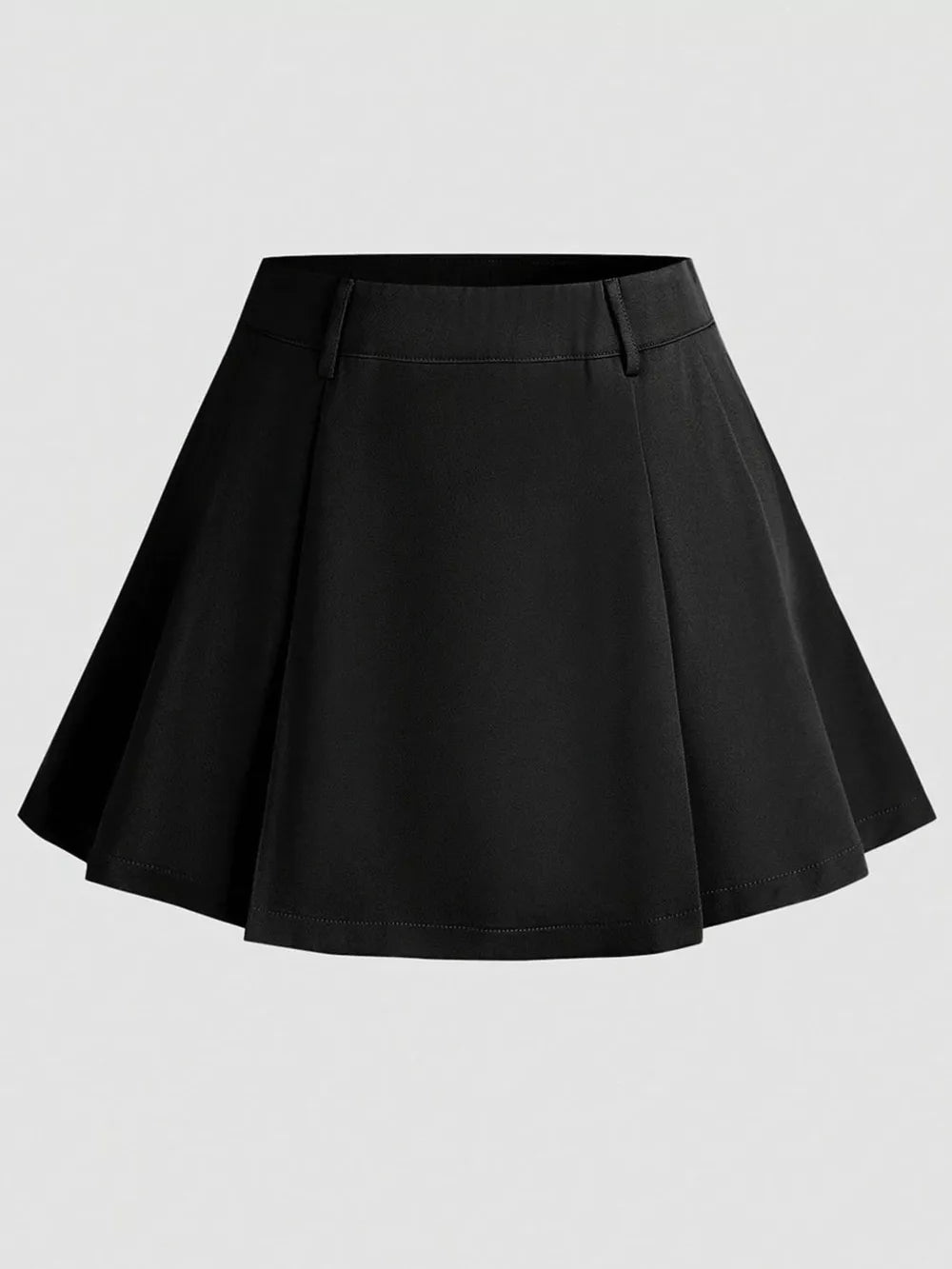 Black mini skirt with defined waist and subtle pleats.