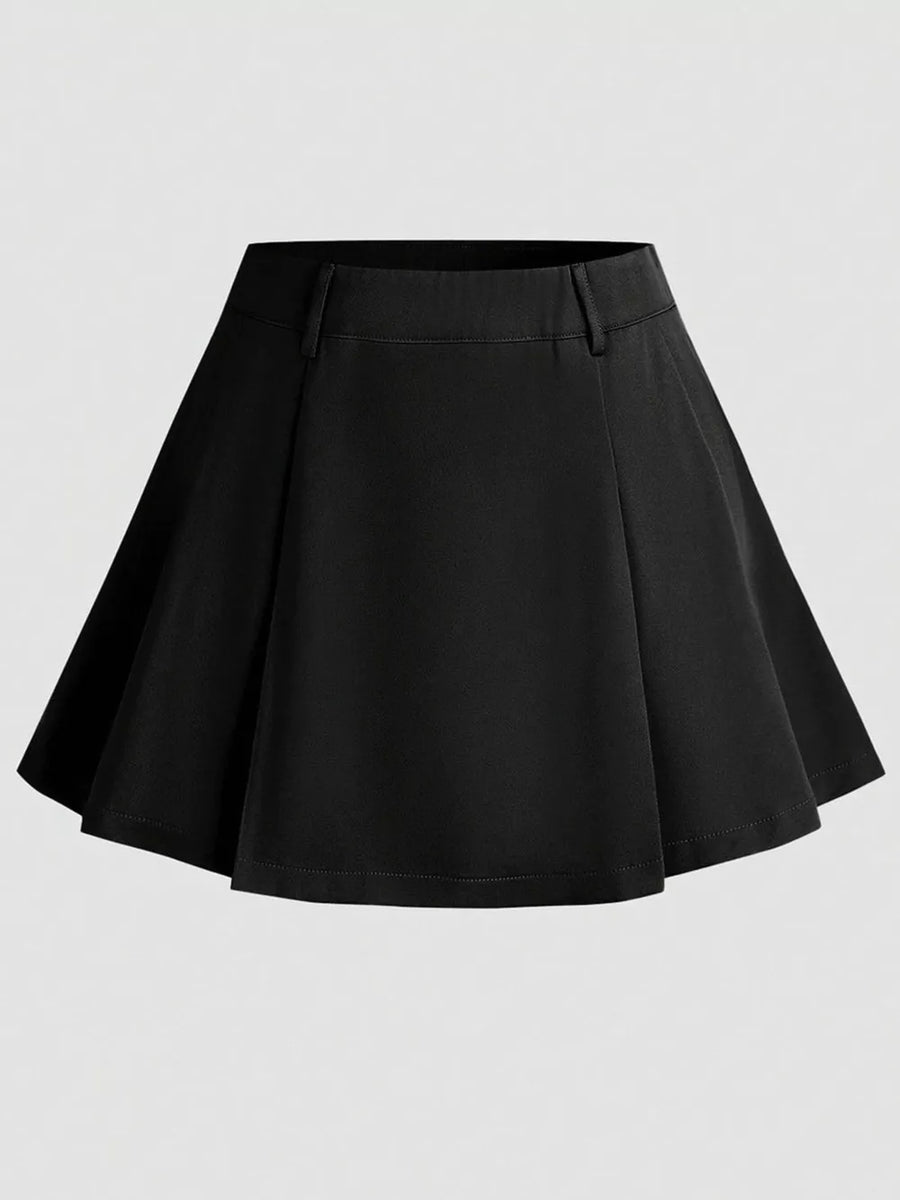 Black mini skirt with defined waist and subtle pleats.