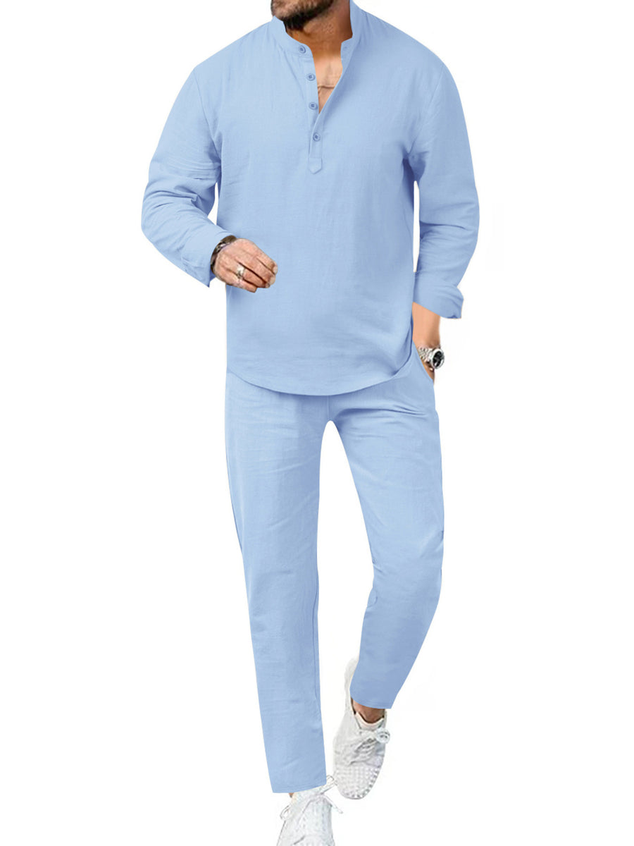 Light blue linen henley shirt and pants set with button detail.