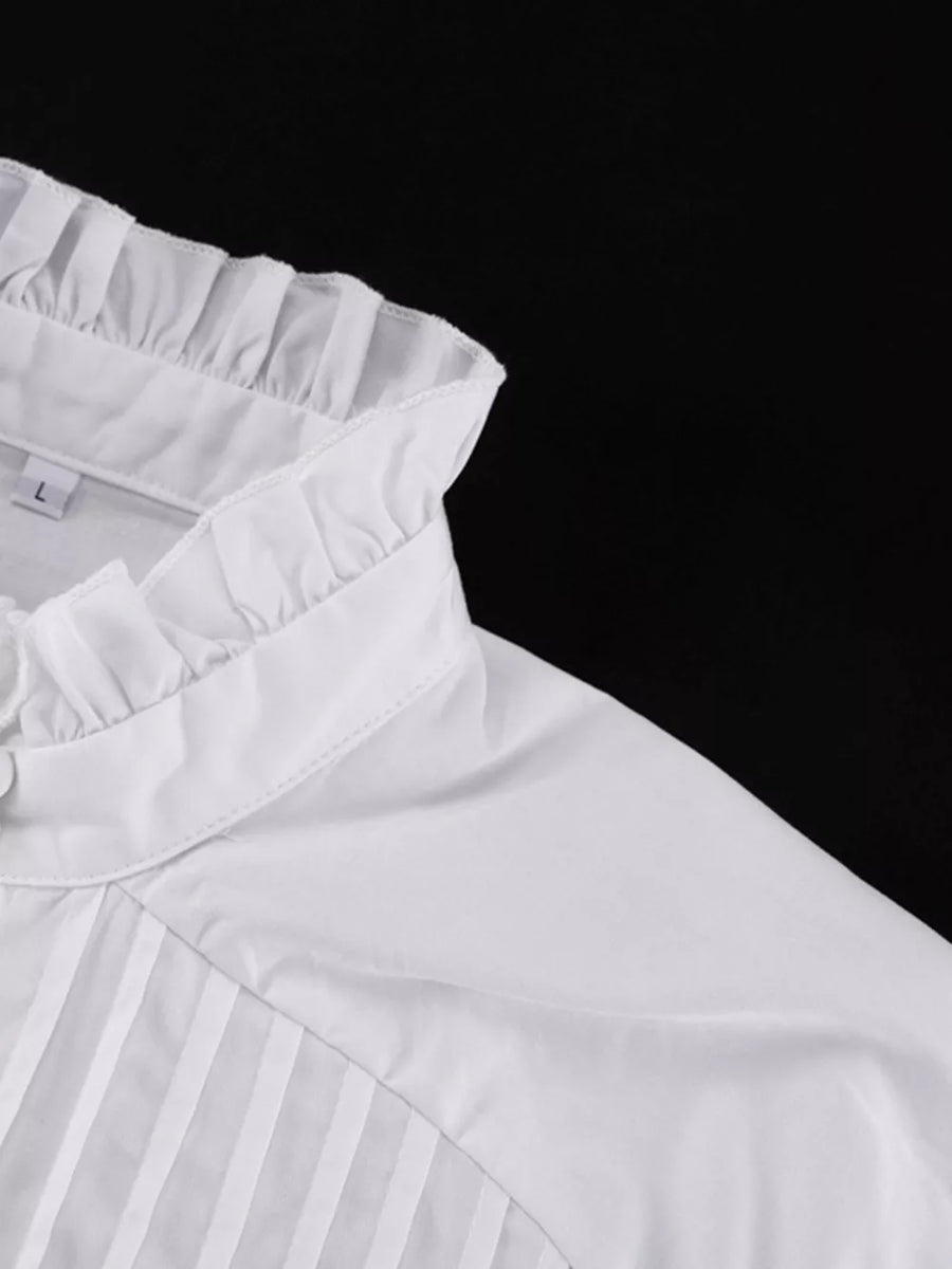White ruffled collar blouse with pintuck details