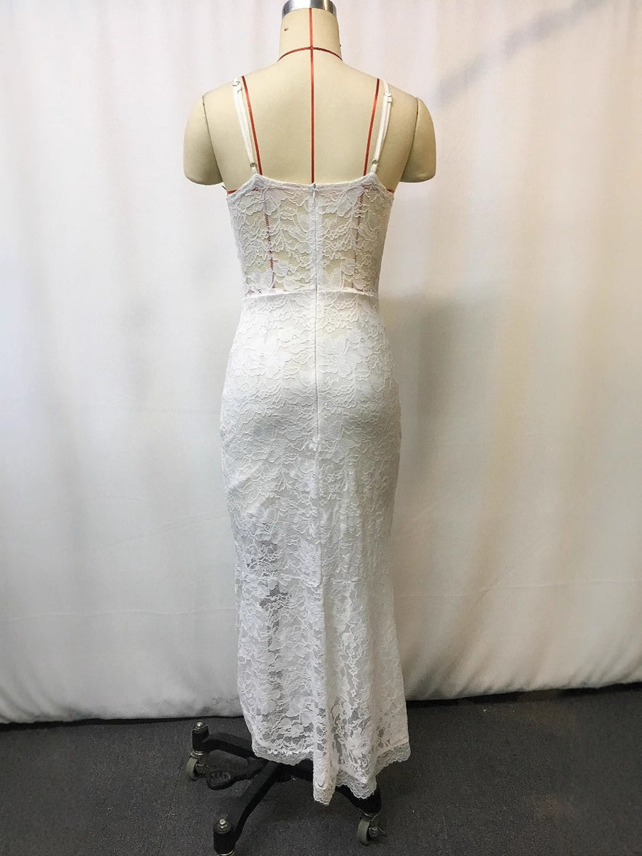 White lace V-neck sleeveless maxi dress with a fitted silhouette and spaghetti straps.