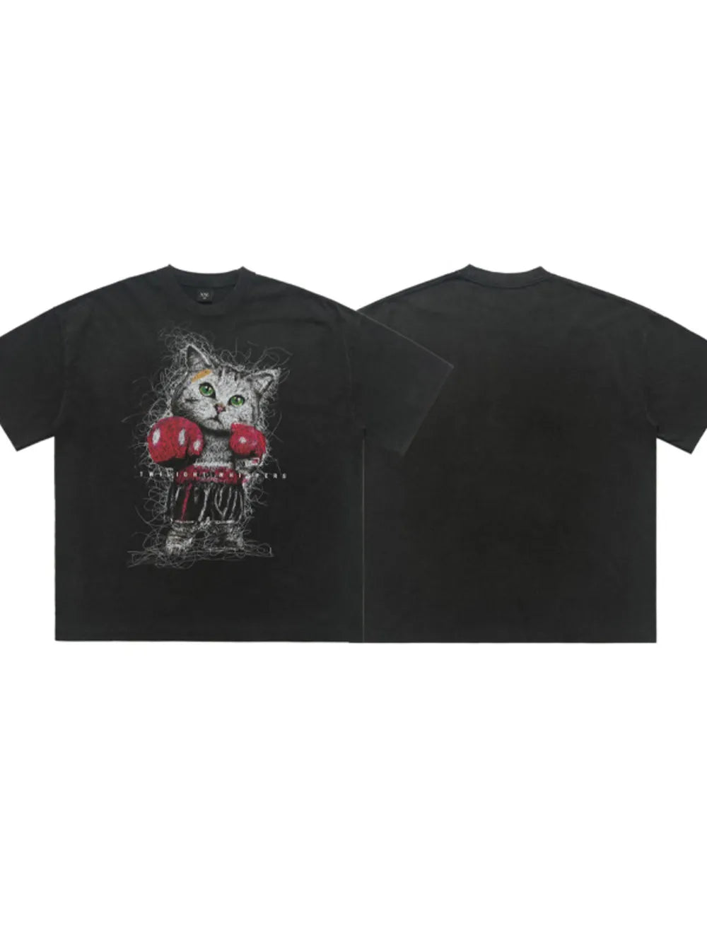 Black oversized cotton blend t-shirt with vintage-inspired boxing cat graphic print.