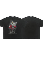 Black oversized cotton blend t-shirt with vintage-inspired boxing cat graphic print.