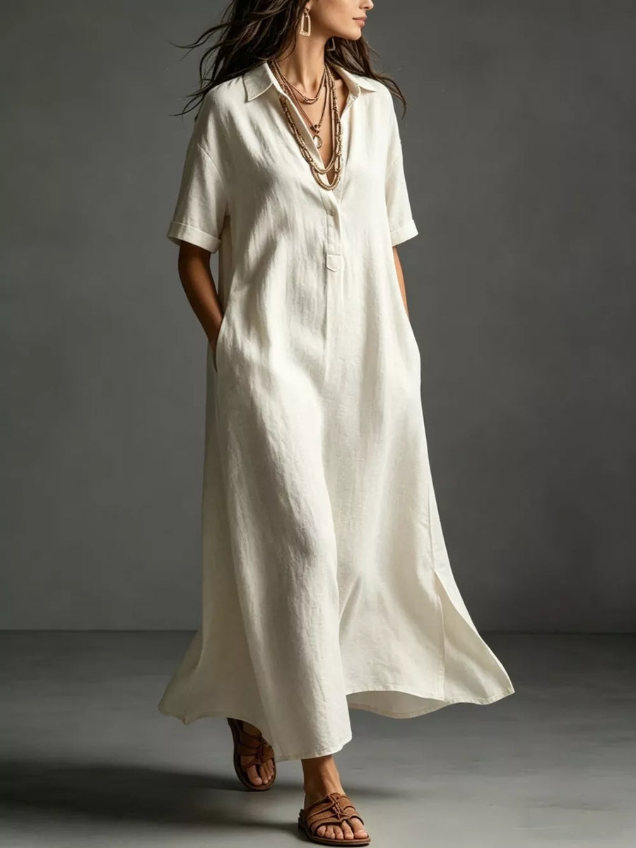 Full Size Casual Midi Shirt Dress Plus Size in Cream