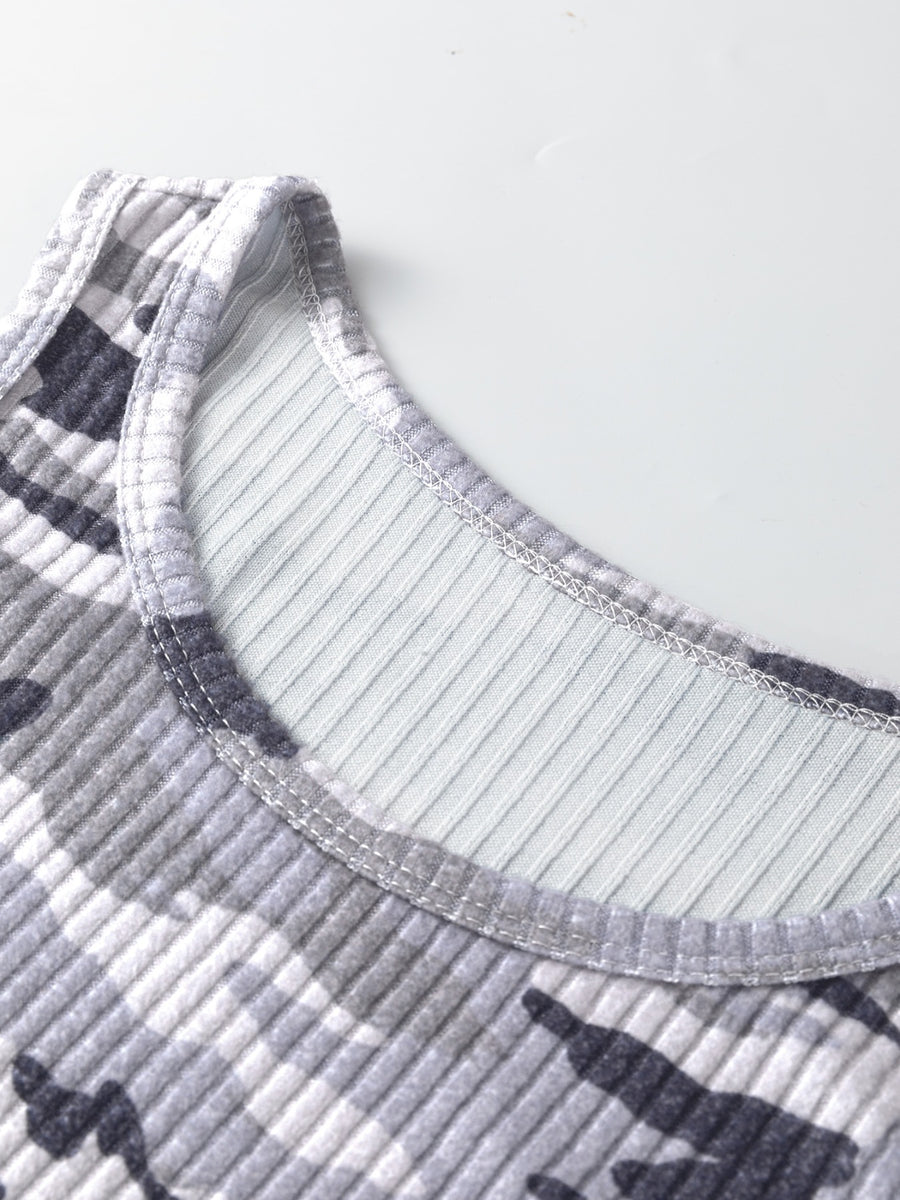 Gray ribbed knit camouflage tank top with crew neck detail.