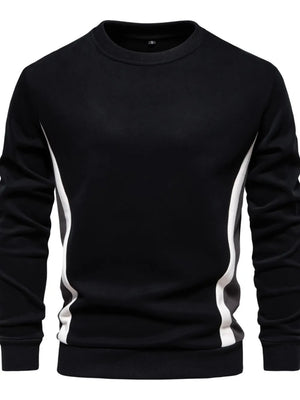 Black crew neck sweatshirt with white side panel details and long sleeves.