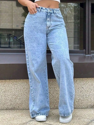 Blue wide-leg denim jeans with pockets and a relaxed fit.