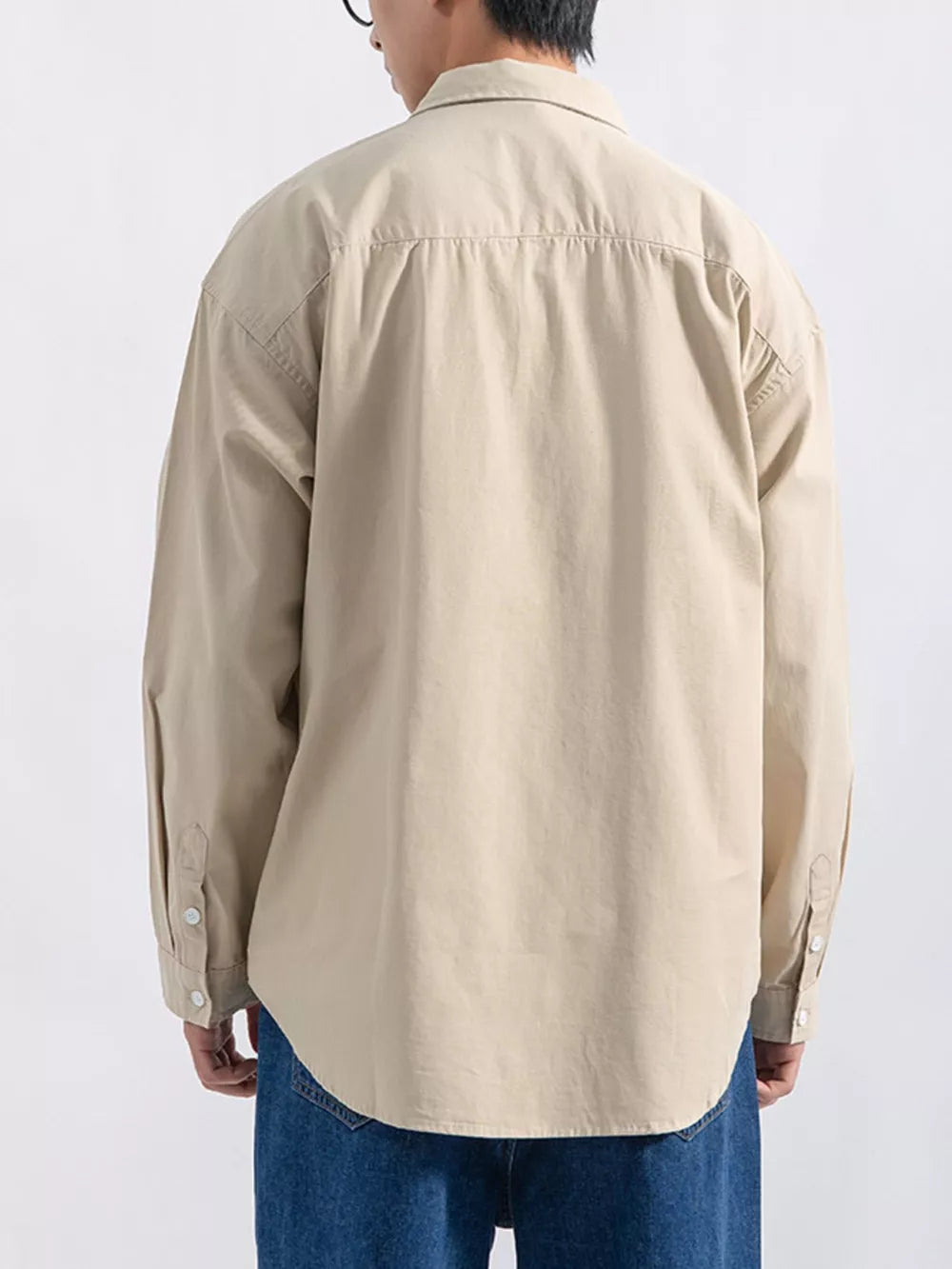 Men's camel long sleeve button-up shirt with a relaxed fit.