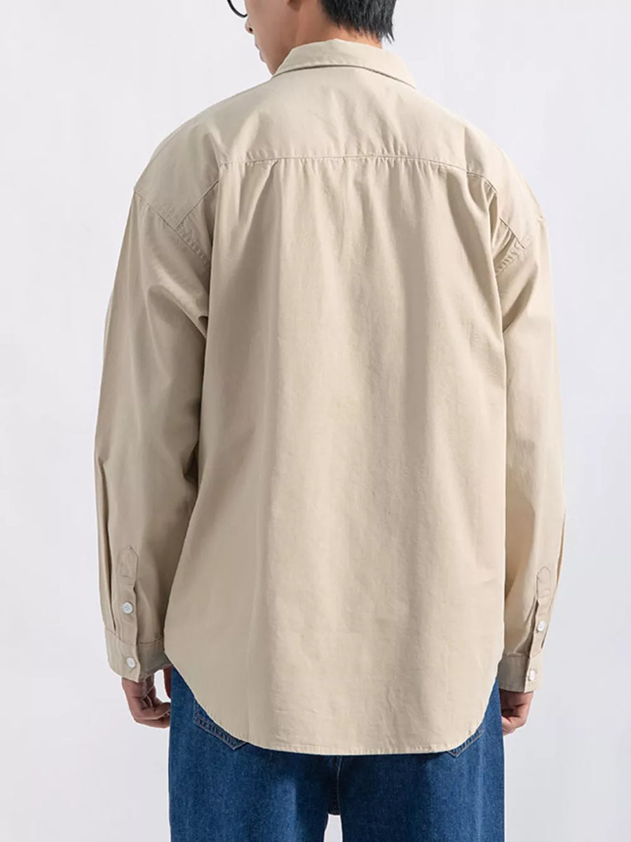 Men's camel long sleeve button-up shirt with a relaxed fit.