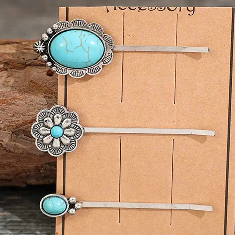 Southwestern hair pins with turquoise stones and alloy metal in Styles A, B, C, and D.