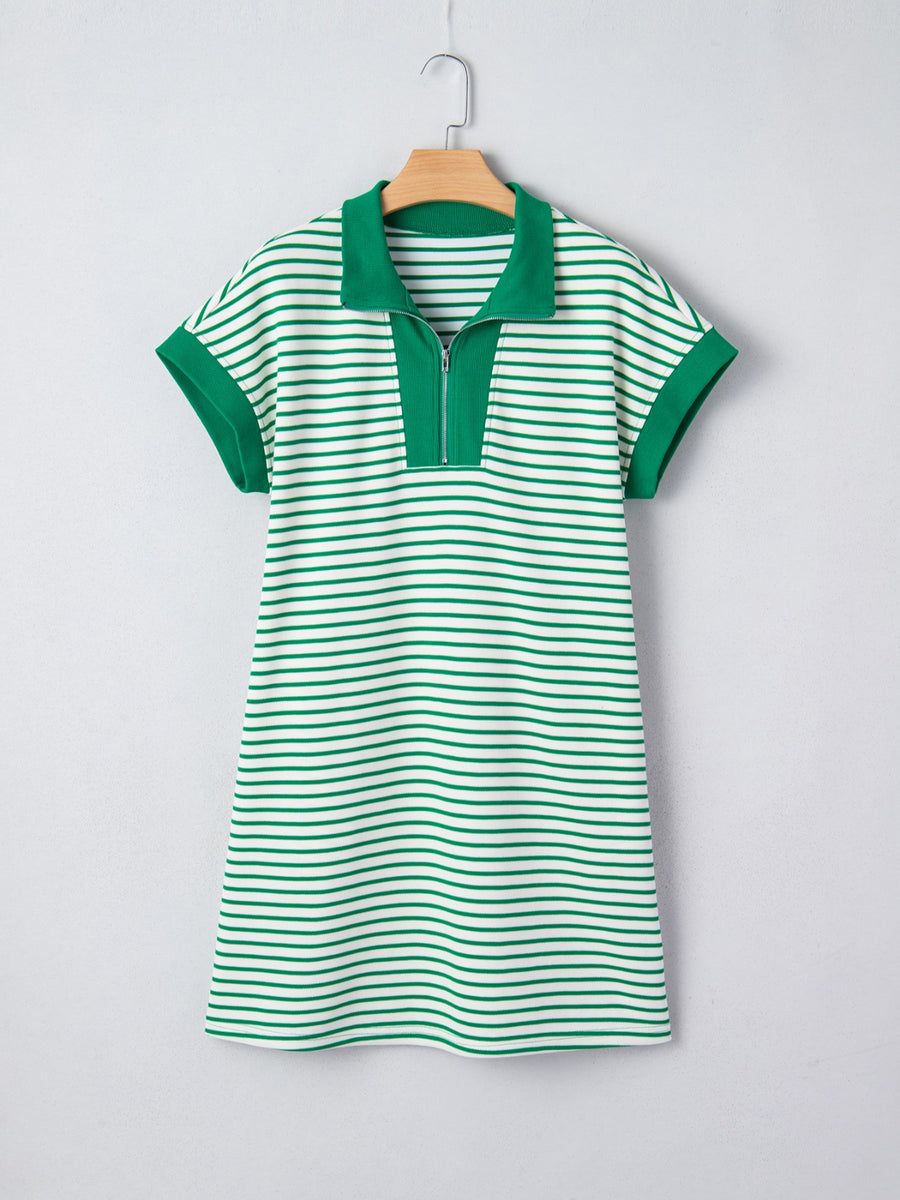 Green and white striped polo collar dress with short sleeves and a quarter zip.