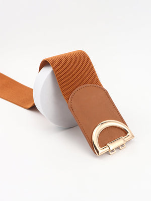 Brown elastic belt with double-D buckle and faux leather detail