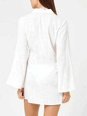 Chic white cotton blend cover-up dress with long bell sleeves and a collared neckline.