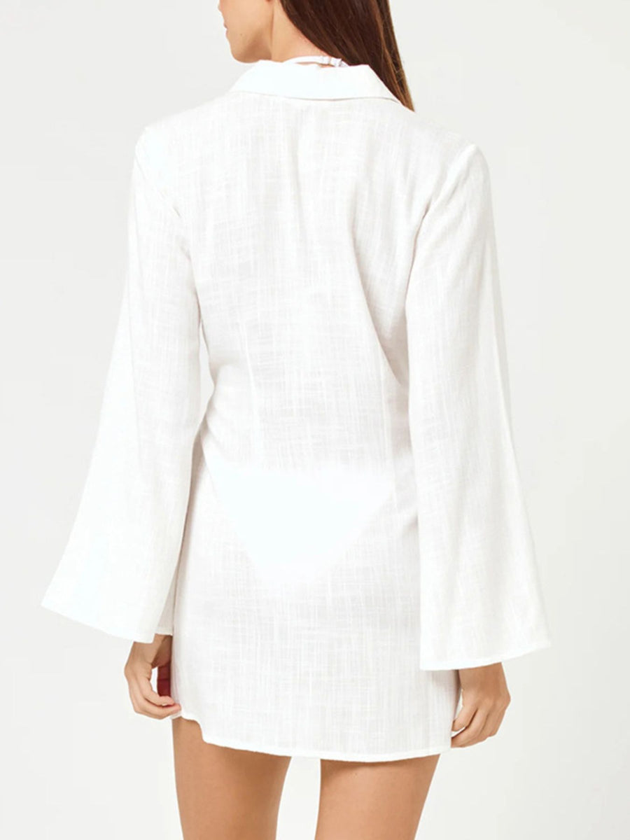 Chic white cotton blend cover-up dress with long bell sleeves and a collared neckline.