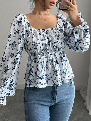 Floral with Floral Print Square Neck Peplum Blouse