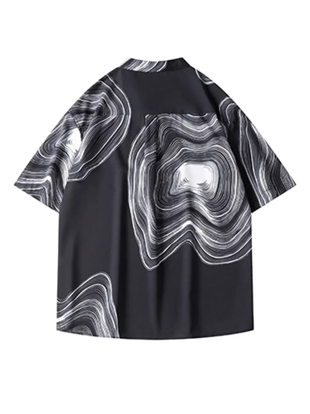 Black oversized men's short sleeve shirt with abstract wave print and band collar.