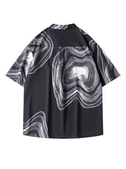 Black oversized men's short sleeve shirt with abstract wave print and band collar.