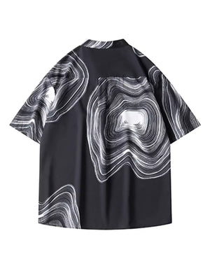 Black oversized men's short sleeve shirt with abstract wave print and band collar.