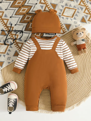 caramel brown jumpsuit with full-length and snap