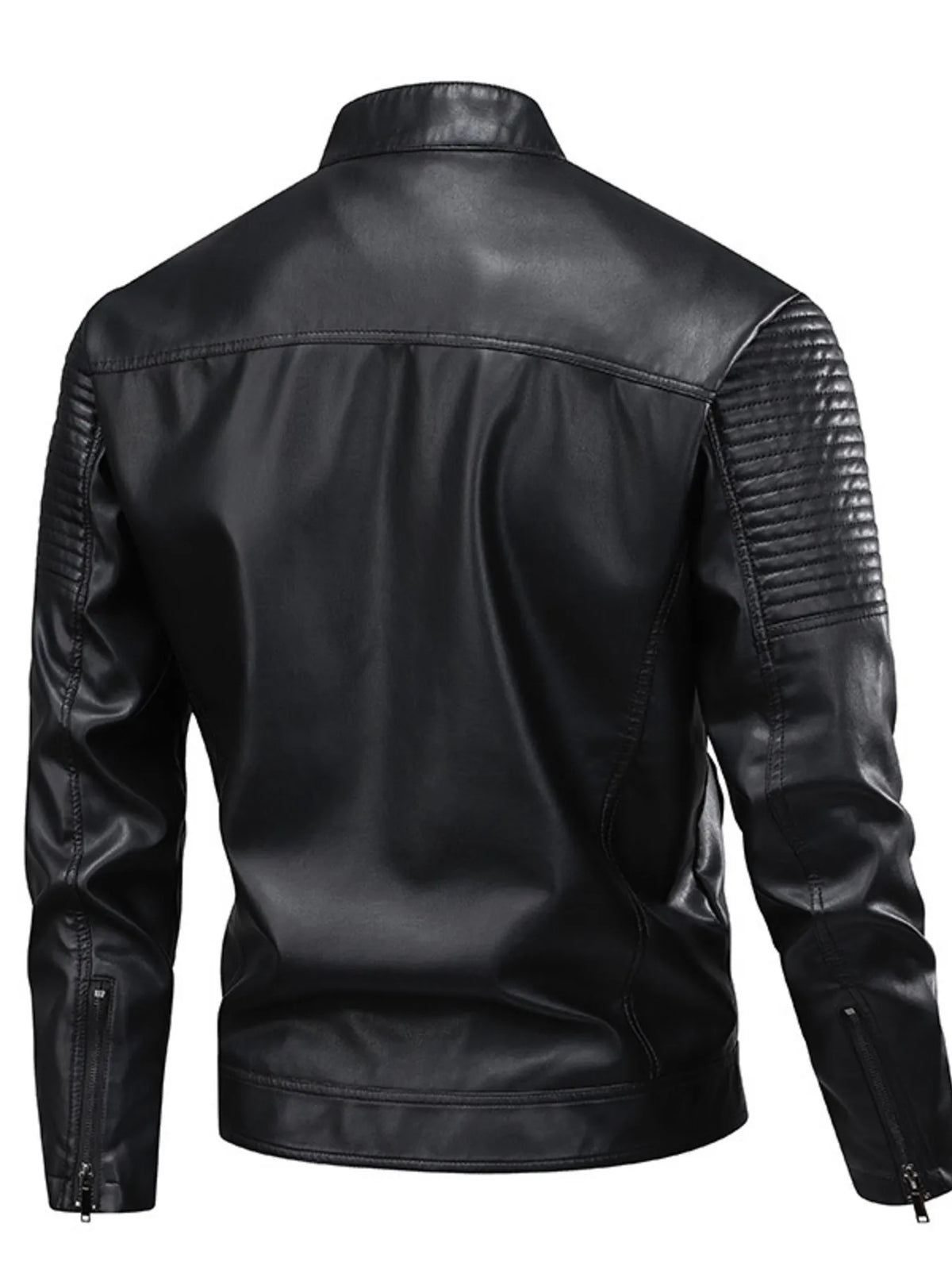 Black leather motorcycle jacket with quilted shoulder detail and zippered cuffs.