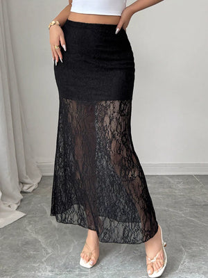 Black lace maxi skirt with sheer lace overlay and lace trim detail.