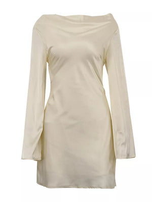 Cream satin long sleeve mini dress with cowl neck
