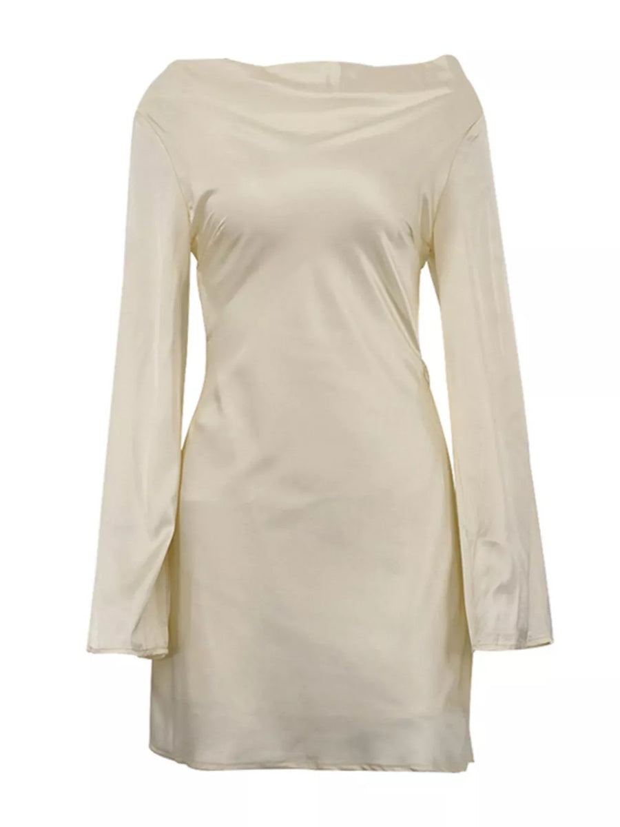 Cream satin long sleeve mini dress with cowl neck