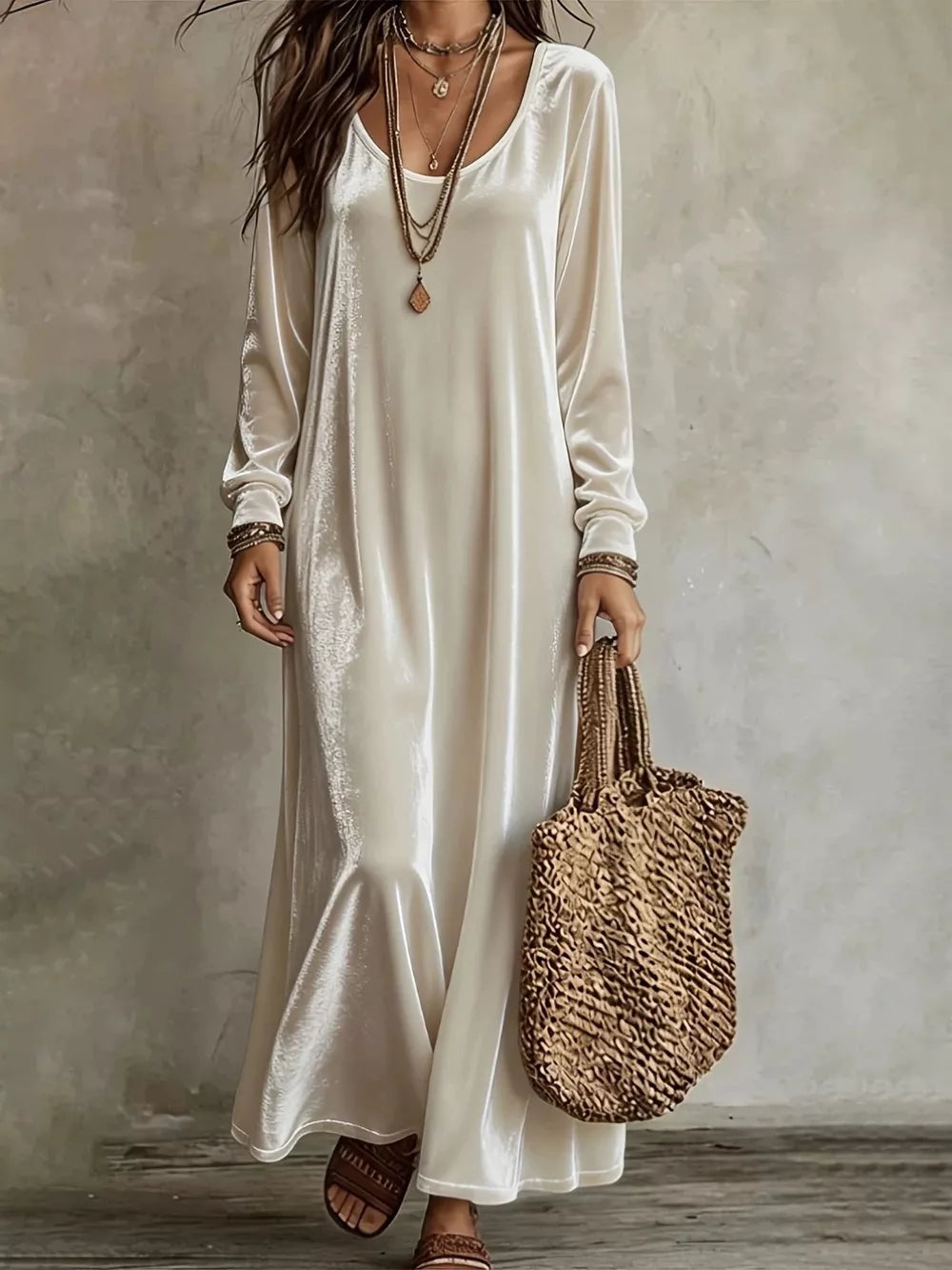 Gray Velvet Maxi Dress With Flowy Hem