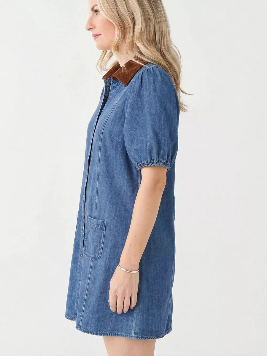 Denim button-down dress with puffed sleeves and corduroy collar