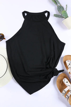 Black halter tank top with a knotted hem detail.