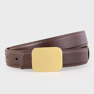 Leather belt with gold buckle in coffee brown, casual accessory.