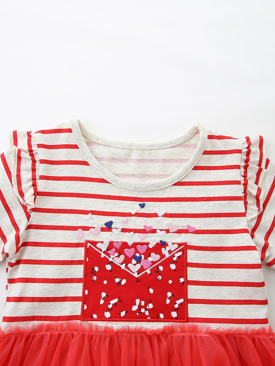Toddler striped dress with envelope pocket and embroidered hearts, red tulle skirt.