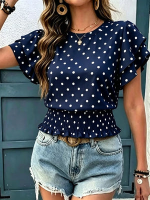 Navy with Polka Dot Ruffle Sleeve Blouse