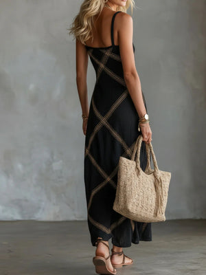 gold maxi dress featuring spaghetti straps and geometric